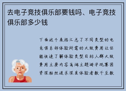 去电子竞技俱乐部要钱吗、电子竞技俱乐部多少钱